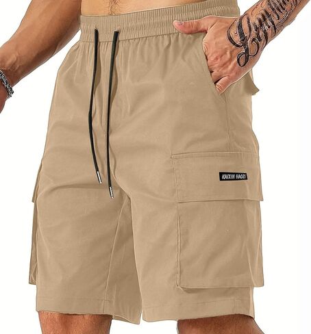 Mens Cargo Shorts Elastic Waist Knee Length Short Lightweight Stretch Hiking Shorts with Multiple Pockets in Kuwait