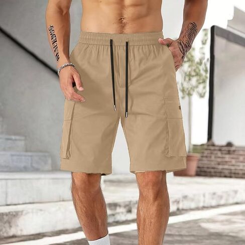 Mens Cargo Shorts Elastic Waist Knee Length Short Lightweight Stretch Hiking Shorts with Multiple Pockets in Kuwait