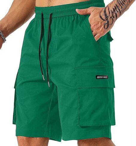 Mens Cargo Shorts Elastic Waist Knee Length Short Lightweight Stretch Hiking Shorts with Multiple Pockets in Kuwait