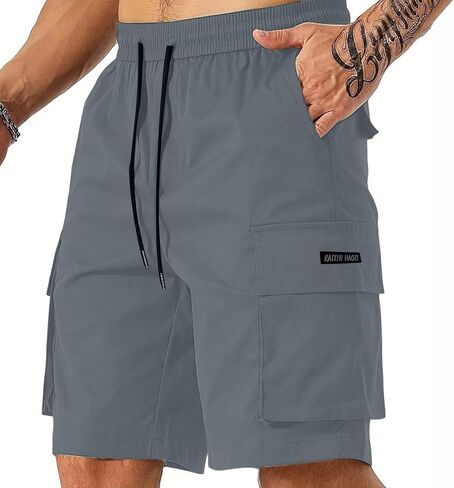 Mens Cargo Shorts Elastic Waist Knee Length Short Lightweight Stretch Hiking Shorts with Multiple Pockets in Kuwait