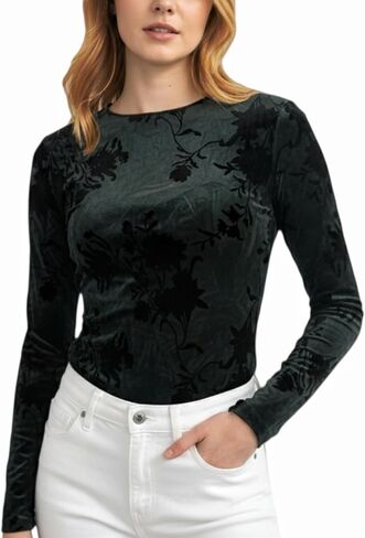 Burnout Velvet Tops for Women Floral Mock Neck Long Sleeve Lightweight Slim Fit Blouse Dressy Party Shirt in Kuwait