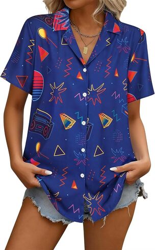 ZXZY 80s 90s Shirt for Women Retro Theme Party Disco Shirts 80s Neon Shirts Hawaiian Button Down Blouses Short Sleeve Tops in Saudi Arabia