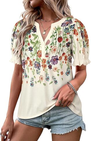 Womens Tops Puff Short Sleeve Floral Printed Boho T Shirts Summmer Henley V Neck Graphic Tee Shirts Loose Button Down Blouse in Saudi Arabia