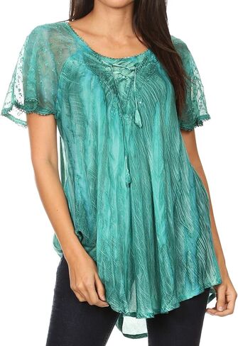 Sakkas Aline Women's Short Sleeve Casual Light Loose Scoop Neck Top Blouse Shirt in Kuwait