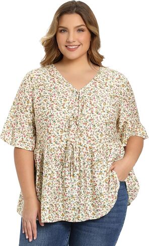 Plus Size Tops for Women Ditsy Floral V Neck Tie Front Peplum Top Ruffle Sleeve Summer Babydoll Blouse in Saudi Arabia