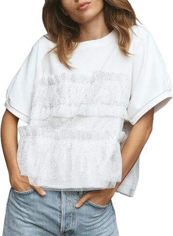 VAOYIU Women Elegant Lace Pleated Mesh Layered Blouse Short Puff Sleeve Round Neck Top Sparkling Ruffled Patchwork Shirt in Saudi Arabia