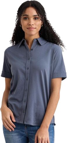 Fair Indigo Women's 100% Organic Pima Cotton Short Sleeve Knit Button Down Shirt in Saudi Arabia