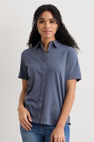 Fair Indigo Women's 100% Organic Pima Cotton Short Sleeve Knit Button Down Shirt in Saudi Arabia