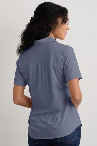 Fair Indigo Women's 100% Organic Pima Cotton Short Sleeve Knit Button Down Shirt in Saudi Arabia