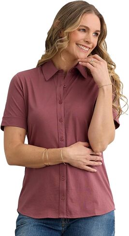 Fair Indigo Women's 100% Organic Pima Cotton Short Sleeve Knit Button Down Shirt in Saudi Arabia