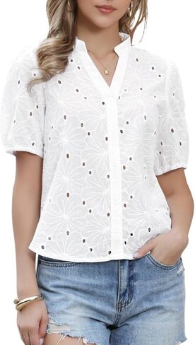 Allegra K Eyelet Tops for Women Summer Short Sleeve Casual V Neck Hollow Out Shirts in Saudi Arabia