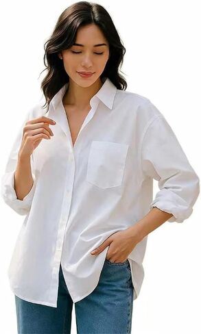 Womens Oversized White Button Blouse Shirt Casual Long Sleeve Boyfriend Tops with Pocket, Roll-up Cuffs for Work & Daily Wear in Saudi Arabia