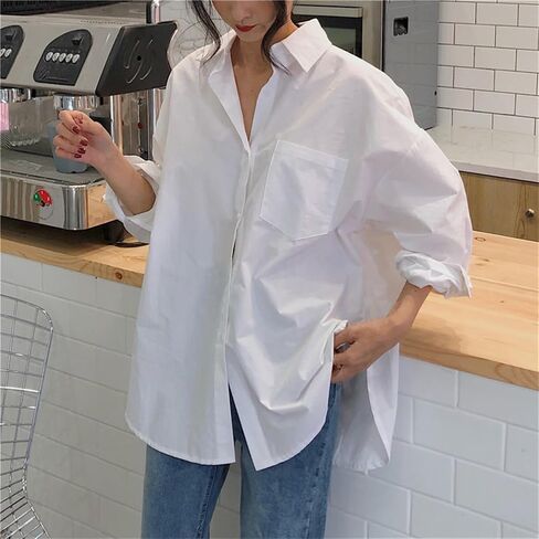 Womens Oversized White Button Blouse Shirt Casual Long Sleeve Boyfriend Tops with Pocket, Roll-up Cuffs for Work & Daily Wear in Saudi Arabia