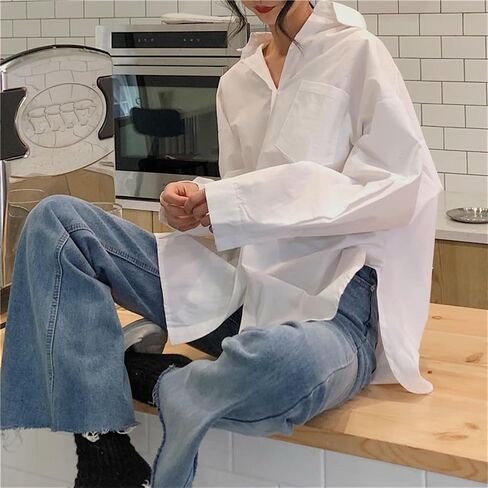 Womens Oversized White Button Blouse Shirt Casual Long Sleeve Boyfriend Tops with Pocket, Roll-up Cuffs for Work & Daily Wear in Saudi Arabia