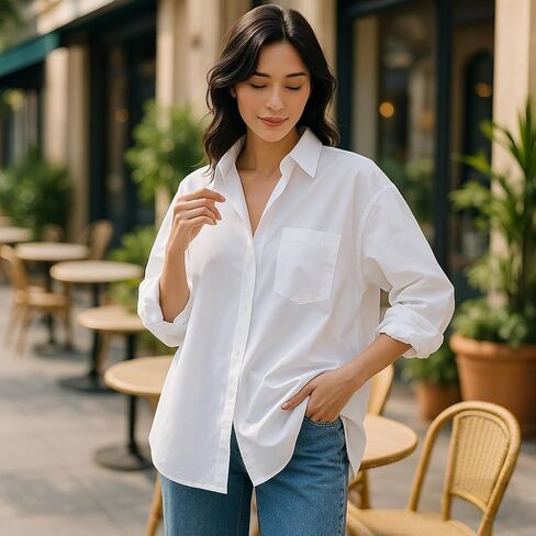 Womens Oversized White Button Blouse Shirt Casual Long Sleeve Boyfriend Tops with Pocket, Roll-up Cuffs for Work & Daily Wear in Saudi Arabia