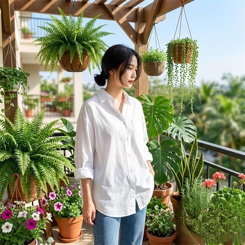 Womens Oversized White Button Blouse Shirt Casual Long Sleeve Boyfriend Tops with Pocket, Roll-up Cuffs for Work & Daily Wear in Saudi Arabia