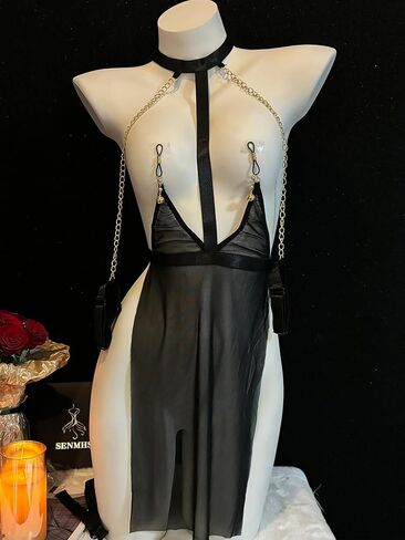Sexy Black Mesh Body Stocking – Built-in Nipple Covers & Handcuffs, Sheer Bodysuit for Anime Cosplay, One Size Fits US S-M (Black) in Kuwait