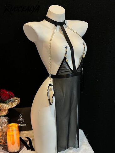 Sexy Black Mesh Body Stocking – Built-in Nipple Covers & Handcuffs, Sheer Bodysuit for Anime Cosplay, One Size Fits US S-M (Black) in Kuwait
