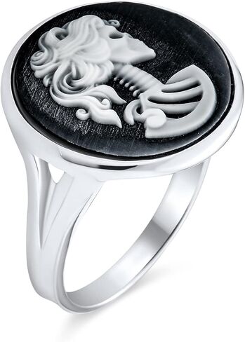 Bling Jewelry Vintage Antique Hip Cool Black White Round Bezel Female Lolita Skelton Cameo Ring For Teen Women Biker Jewelry Punk Rock .925 Sterling Silver in Kuwait
