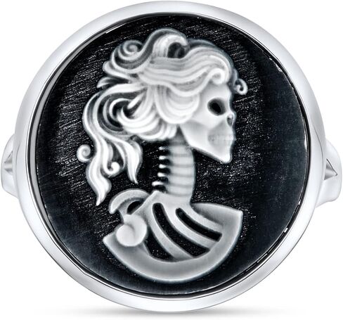 Bling Jewelry Vintage Antique Hip Cool Black White Round Bezel Female Lolita Skelton Cameo Ring For Teen Women Biker Jewelry Punk Rock .925 Sterling Silver in Kuwait