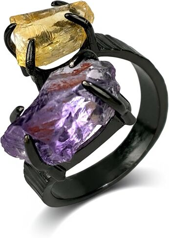 Citrine Amethyst Ring, Natural Raw Crystal Rings Birthstone Jewelry, Bohemian Handmade Adjustable Statement Rings for Women in Saudi Arabia