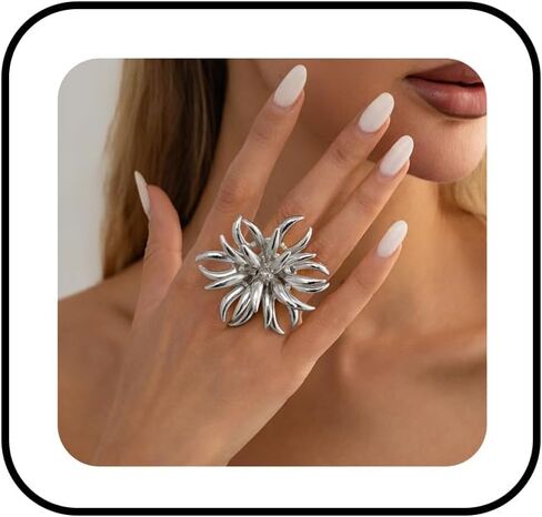 Chunky Gold Flower Statement Ring for Women 14K Gold Plated 3D Firework Bloom Open Ring Adjustable Floral Cocktail Ring Wedding Prom Party Jewelry Accessary in Saudi Arabia