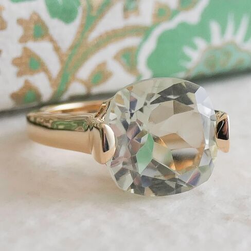 Statement Green Amethyst Cushion Cut Ring 12mm – 925 Solid Sterling Silver with 3 Micron Gold Plating – Natural Prasiolite, Handmade Fine Jewelry for Women in Saudi Arabia