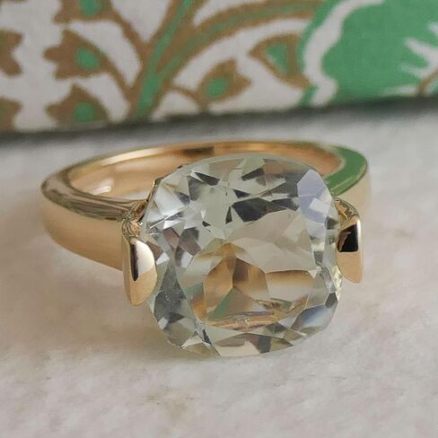 Statement Green Amethyst Cushion Cut Ring 12mm – 925 Solid Sterling Silver with 3 Micron Gold Plating – Natural Prasiolite, Handmade Fine Jewelry for Women in Saudi Arabia