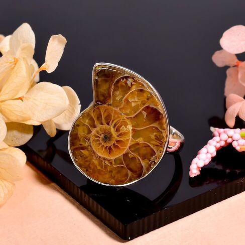 Ammonite Fossil Gemstone Unique Stone 925 Sterling Silver Handmade Statement Boho Ring Gift Jewelry for Women in Kuwait