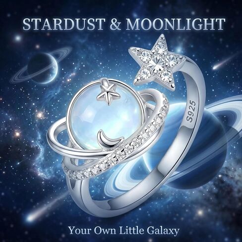Planet Ring 925 Sterling Silver Star Moonstone Open Adjustable Thumb Rings Moonstone Galaxy Jewelry Gift for Women Mom Grandma in Saudi Arabia