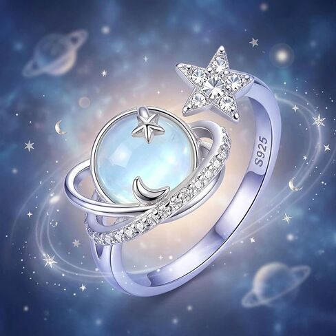 Planet Ring 925 Sterling Silver Star Moonstone Open Adjustable Thumb Rings Moonstone Galaxy Jewelry Gift for Women Mom Grandma in Saudi Arabia