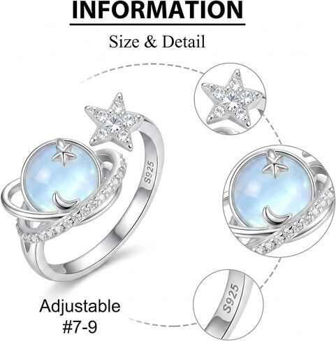 Planet Ring 925 Sterling Silver Star Moonstone Open Adjustable Thumb Rings Moonstone Galaxy Jewelry Gift for Women Mom Grandma in Saudi Arabia