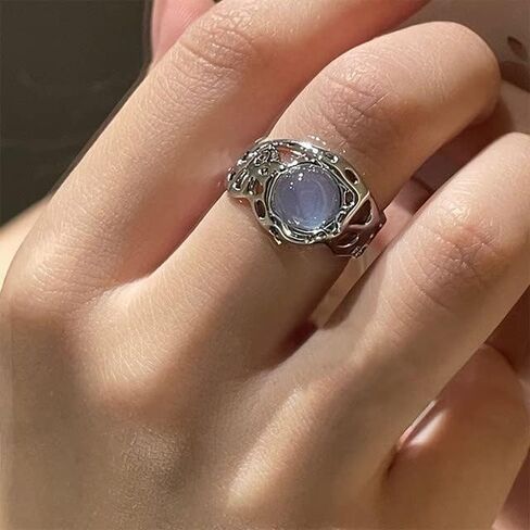 Mnyixsi Sterling Silver Moonstone Open Ring for Women, Unique Design Irregular Gemstone Charm Couple Ring, Handmade Dainty Shiny Birthstone Stackable Jewelry for Cocktail Casual Dating Style 2 in Saudi Arabia