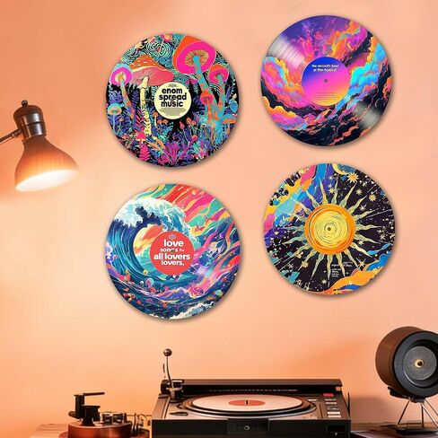 AYQJCBGC Vintage Vinyl Records Wall Decor, 12 Inch Retro Music Room Decor, 4 PCS Set Psychedelic Abstract & Pop Art Disks, Floral Wall Art for Home, Studio, Bedroom Aesthetic.(005) in Kuwait