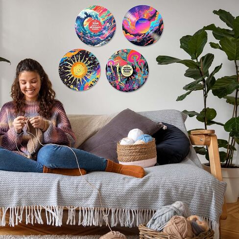 AYQJCBGC Vintage Vinyl Records Wall Decor, 12 Inch Retro Music Room Decor, 4 PCS Set Psychedelic Abstract & Pop Art Disks, Floral Wall Art for Home, Studio, Bedroom Aesthetic.(005) in Kuwait