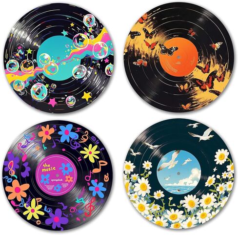 AYQJCBGC Vintage Vinyl Records Wall Decor, 12 Inch Retro Music Room Decor, 4 PCS Set Psychedelic Abstract & Pop Art Disks, Floral Wall Art for Home, Studio, Bedroom Aesthetic.(005) in Kuwait
