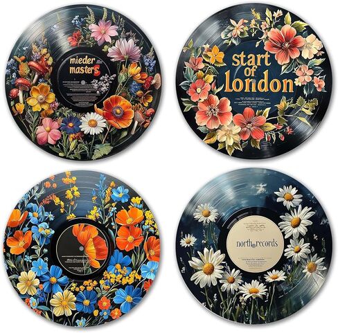 AYQJCBGC Vintage Vinyl Records Wall Decor, 12 Inch Retro Music Room Decor, 4 PCS Set Psychedelic Abstract & Pop Art Disks, Floral Wall Art for Home, Studio, Bedroom Aesthetic.(005) in Kuwait