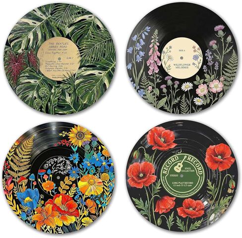 AYQJCBGC Vintage Vinyl Records Wall Decor, 12 Inch Retro Music Room Decor, 4 PCS Set Psychedelic Abstract & Pop Art Disks, Floral Wall Art for Home, Studio, Bedroom Aesthetic.(005) in Kuwait