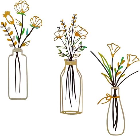 Metal Flowers Bathroom Wall Art - Lylence 3Pcs Small Iron Rustic Floral Wall Decor for Farmhouse, Kitchen, Living Room, Bedroom, Home, Office, Dining Room, Laundry,Hanging Flower Picture for Women in Saudi Arabia