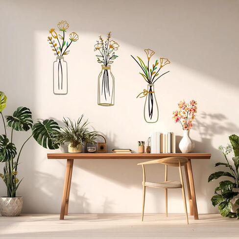 Metal Flowers Bathroom Wall Art - Lylence 3Pcs Small Iron Rustic Floral Wall Decor for Farmhouse, Kitchen, Living Room, Bedroom, Home, Office, Dining Room, Laundry,Hanging Flower Picture for Women in Saudi Arabia