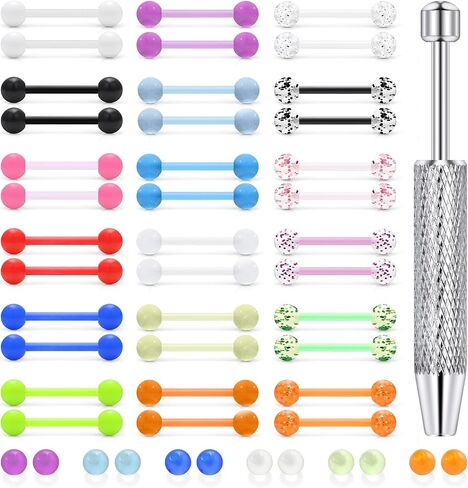Acrylic Plastic Tongue Rings Glow in the Dark Barbell Piercing Jewelry Set for Women Men, 14G 14MM & 16MM Hypoallergenic Retainers, Silver Gold Rose Mixed Color in Saudi Arabia