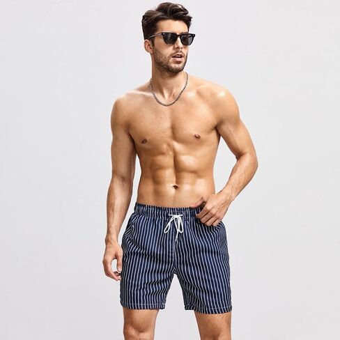 Men's Striped Swim Trunks with Pockets, Quick Dry Casual Beach Shorts for Pool or Vacation in Kuwait