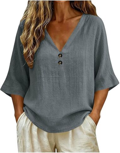 Women Shirt Summer Button Down Short Sleeve V Neck Tunic Tops Loose Fit Cotton 3/4 Sleeve Tops Casual Dressy Clothes in Kuwait