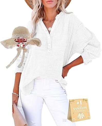 Womens Casual Gauze Button Neck Long Sleeve Oversized Blouses Tops Lightweight Loose Drawdown V Neck Tunic Shirts in Kuwait