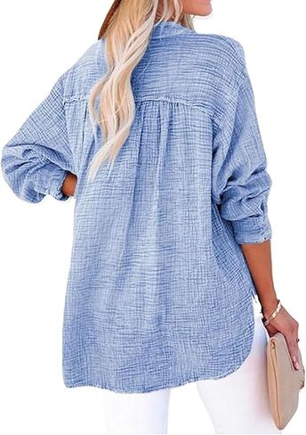 Womens Casual Gauze Button Neck Long Sleeve Oversized Blouses Tops Lightweight Loose Drawdown V Neck Tunic Shirts in Kuwait