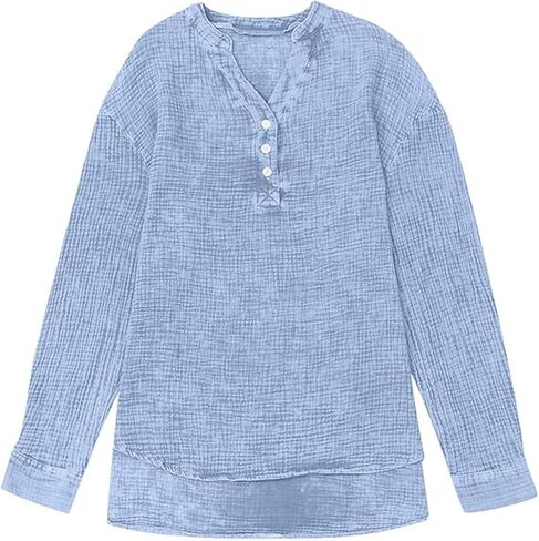 Womens Casual Gauze Button Neck Long Sleeve Oversized Blouses Tops Lightweight Loose Drawdown V Neck Tunic Shirts in Kuwait