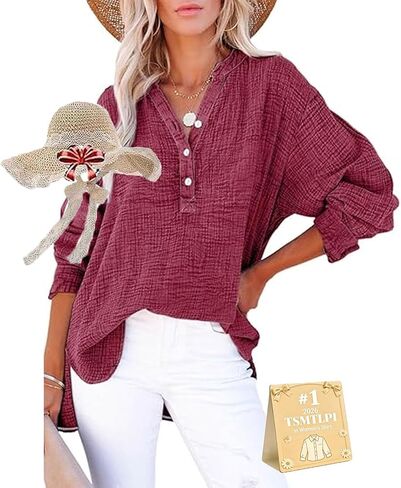 Womens Casual Gauze Button Neck Long Sleeve Oversized Blouses Tops Lightweight Loose Drawdown V Neck Tunic Shirts in Kuwait