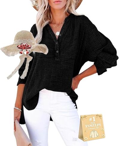 Womens Casual Gauze Button Neck Long Sleeve Oversized Blouses Tops Lightweight Loose Drawdown V Neck Tunic Shirts in Kuwait