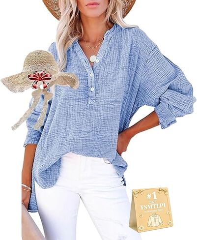 Womens Casual Gauze Button Neck Long Sleeve Oversized Blouses Tops Lightweight Loose Drawdown V Neck Tunic Shirts in Kuwait
