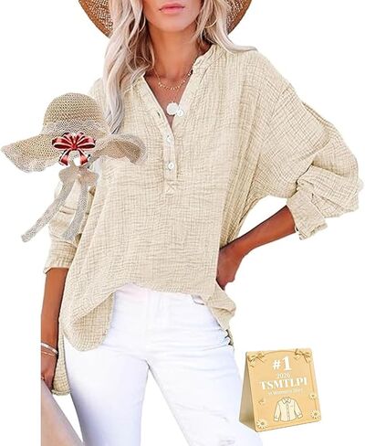 Womens Casual Gauze Button Neck Long Sleeve Oversized Blouses Tops Lightweight Loose Drawdown V Neck Tunic Shirts in Kuwait